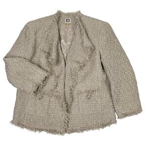 Anne Klein Fringed Tweed Blazer‎ Jacket Women's Size 12 Beige Textured Lined